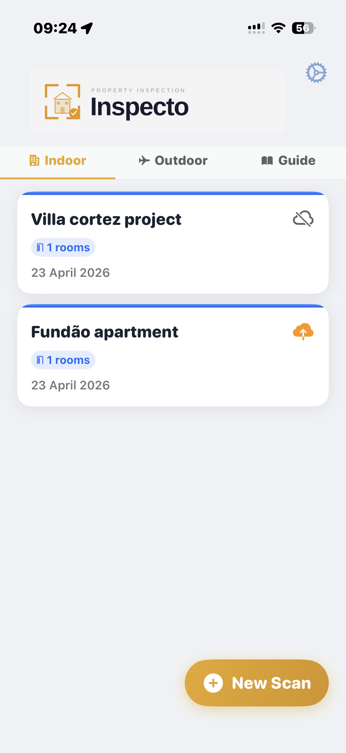 Inspecto iOS app — property inspection home screen with Indoor/Outdoor/Guide tabs and scanned building cards
